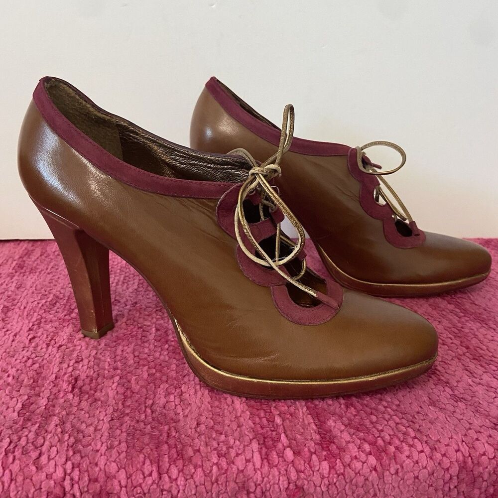 Leifsdottir Anthropologie Lace Up Leather Heels Brown Gold Burgundy Size 9B